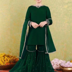 3 Pcs Girl's Shamoz Silk Embroidered Shirt And Trouser Suit