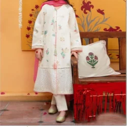 3 Pcs Girl's Dhanak Embroidered Shirt And Trouser Suit