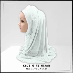 Soft Cotton Jersey Kids Makhna Scarf – One-Piece Pull-On Hijab with Diamante Flower Detail for Girls (Age 5-8 Years, White
