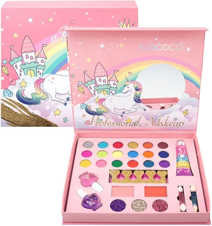 iGoodco 29-in-1 Magical Unicorn Makeup Kit for Girls – Deluxe Washable Cosmetic Set with Glitters, Eyeshadows & Accessories (Safe & Non-Toxic)