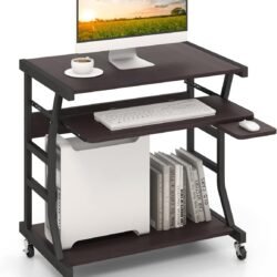 Computer Desk with Keyboard Tray, Portable Small Rolling Desk with Mouse Tray & Bottom Storage Shelf, Rolling Laptop PC Desk Cart with Lockable Wheels for Small Space (Brown