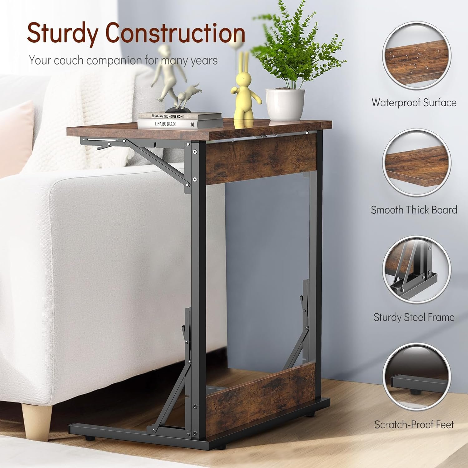 24" Folding C Shaped End Table, Small Sofa Side Laptop Desk, Couch TV Tray Table for Living Room, Bedroom, Black - Image 5