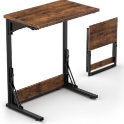 24" Folding C Shaped End Table, Small Sofa Side Laptop Desk, Couch TV Tray Table for Living Room, Bedroom, Black