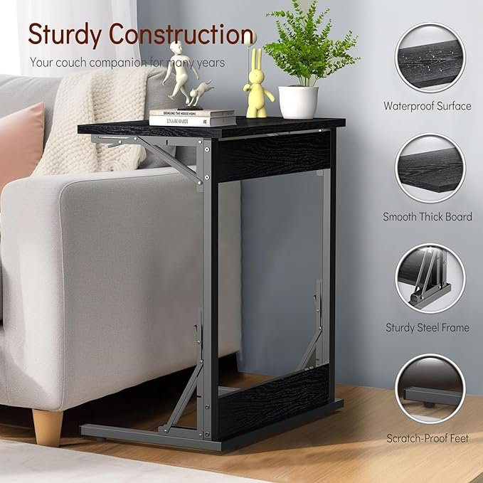 24" Folding C Shaped End Table, Small Sofa Side Laptop Desk, Couch TV Tray Table for Living Room, Bedroom, Black - Image 4