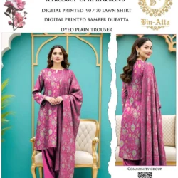 Title: Luxury Rose Pink 3-Piece Lawn Suit – Digital Print Shirt with Premium Bamber Dupatta