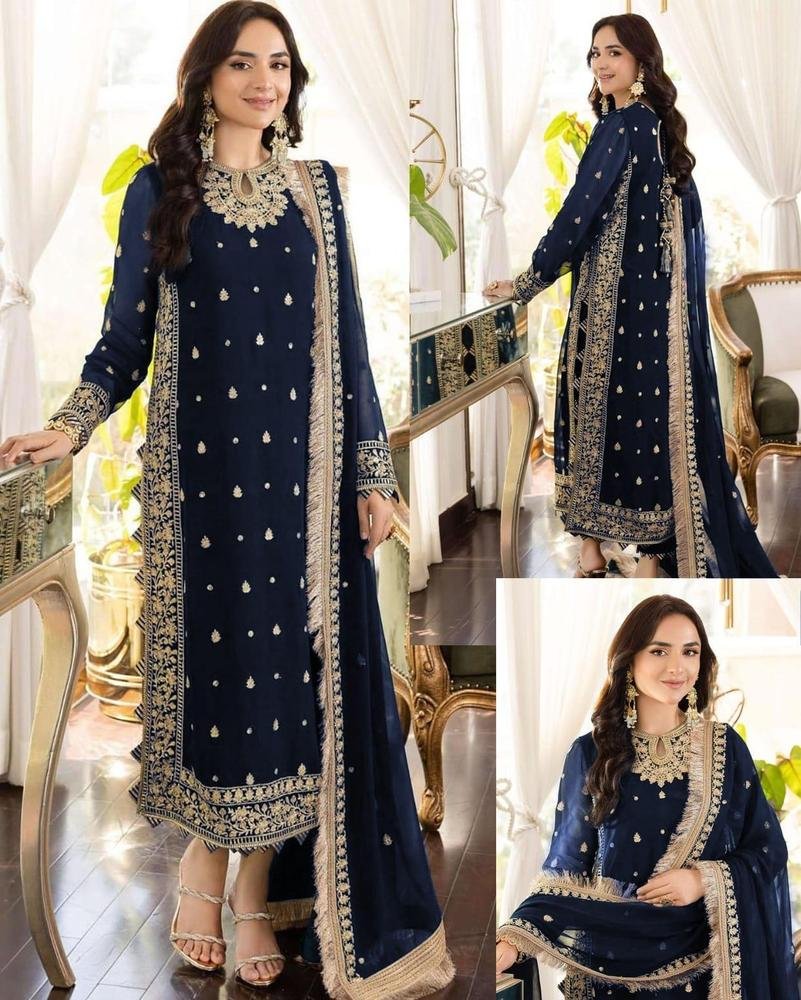 Navy Blue Heavy Embroidered 3-Piece Suit – Luxury Formal & Festive Wear for Women