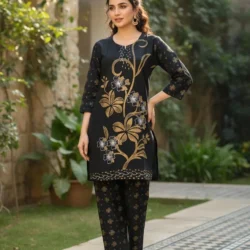 Eid Collection 2 Pcs Women’s Stitched Cotton Lawn Printed Suit – Black & Gold