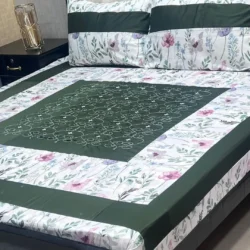 3 Pcs Cotton Sateen Patchwork Double Bedsheet Set – Floral Green Design