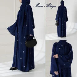 Moon Abaya – Navy Blue Crescent Print Modest Maxi Dress with Matching Hijab