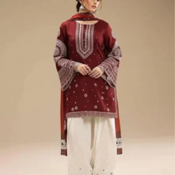Title: Royal Maroon 3-Piece Luxury Suit – Embroidered Lawn with Digital Print Diamond Dupatta