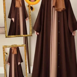 Two-Tone Modest Abaya Dress with Matching Hijab – Elegant Button-Front Maxi Gown for Women