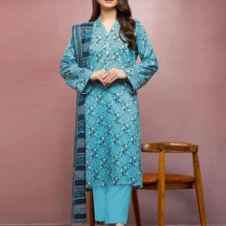 Title: Sunshine Blue 3-Piece Dobby Lawn Suit – Self-Textured Fabric with Designer Prints