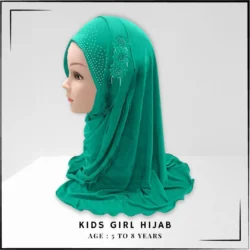 Soft Cotton Jersey Kids Makhna Scarf – One-Piece Pull-On Hijab with Diamante Flower Detail for Girls (Age 5-8 Years, Green)