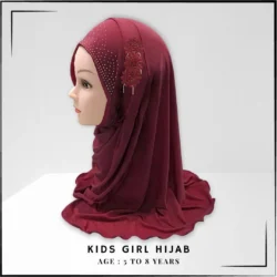 Soft Cotton Jersey Kids Makhna Scarf – One-Piece Pull-On Hijab with Diamante Flower Detail for Girls (Age 5-8 Years, Maroon