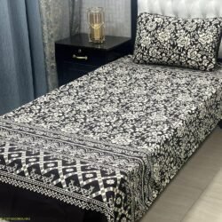 2 Pcs Crystal Cotton Printed Single Bedsheet – Black & White Floral Design