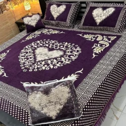 4 Pcs Velvet Jacquard Embroidered Double Bedsheet Set – Luxury Purple Heart Design
