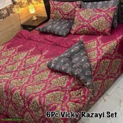 6 Pcs Vicky Razayi Printed Bedding Set – Maroon & Grey Traditional Design