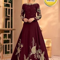 New Arrival Maroon Embroidered Maxi Gown – Elegant Floral Formal Dress for Women