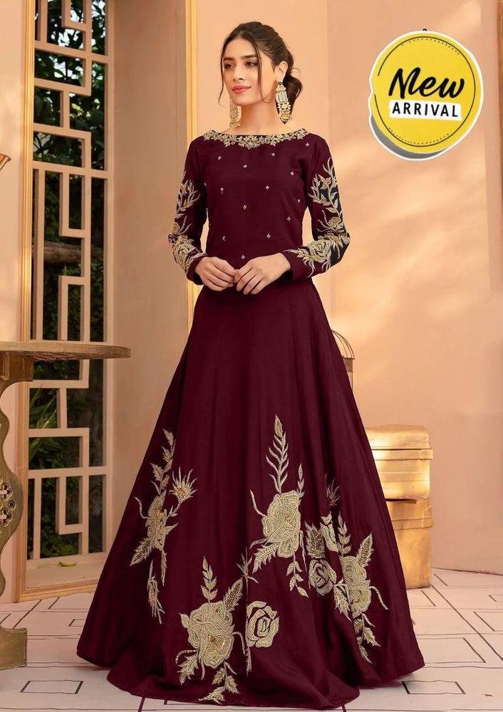 New Arrival Maroon Embroidered Maxi Gown – Elegant Floral Formal Dress for Women