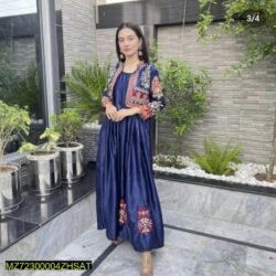Navy Blue Embroidered Maxi Dress with Designer Shrug – Elegant Party & Festive Wear for Women