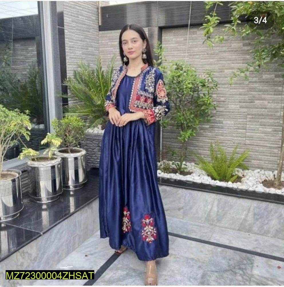 Navy Blue Embroidered Maxi Dress with Designer Shrug – Elegant Party & Festive Wear for Women - Image 2