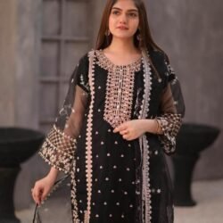 Black Embroidered 3-Piece Suit – Elegant Chiffon Dress with Dupatta for Women