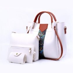 4 Pcs Women's Royal PU Leather Shoulder Bag Set – White & Brown
