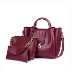 Women’s PU Leather Plain Hand Bag Set – 3 Pcs Maroon Shoulder & Crossbody Set
