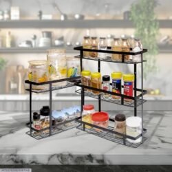 Multi-Level Metal Spice Rack Organizer | Space Saving Kitchen Counter & Cabinet Storage Shelf | Durable Black Finish